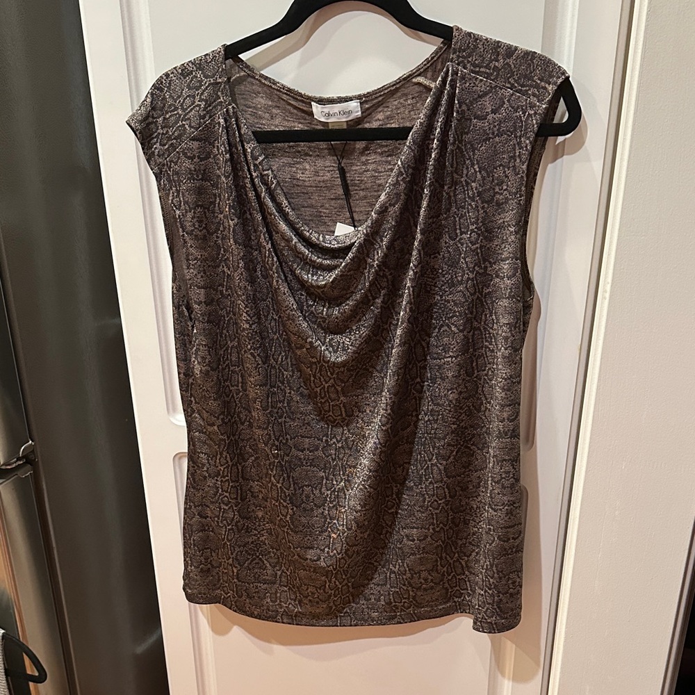 NWT Calvin Klein Brown Snake Print sleeveless sweater with metallic thread, XL